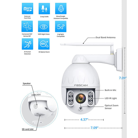 Foscam SD4 2K Outdoor 2.4/5gHz WiFi PTZ Security Camera